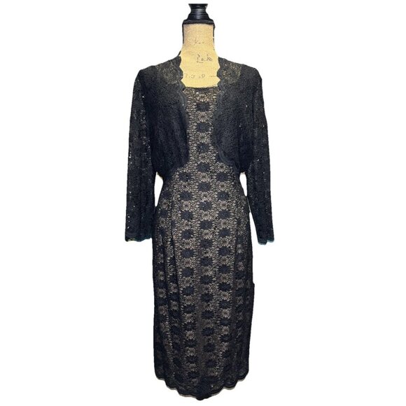 NWT ALEX EVENINGS Black Lace Shift Dress Jacket Set Formal Wedding Cocktail 14 - Picture 2 of 16